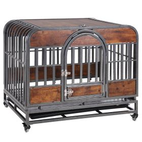 37in Heavy Duty Dog Crate, Furniture Style Dog Crate with Removable Trays and Wheels for High Anxiety Dogs (Color: as Pic)